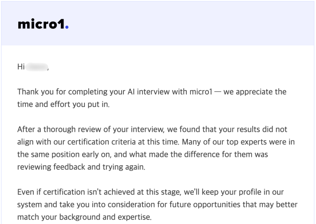micro1 interview fail notification
